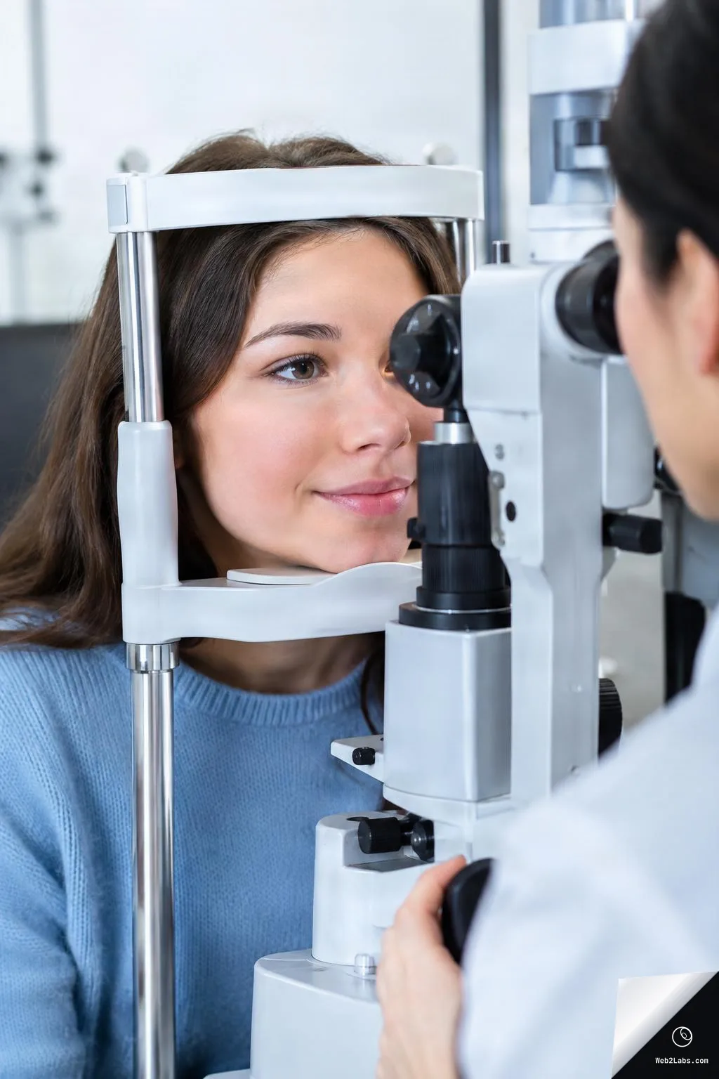 Young woman smiling slightly while having an eye exam at a slit lamp, with an optometrist in the foreground in a bright clinic.