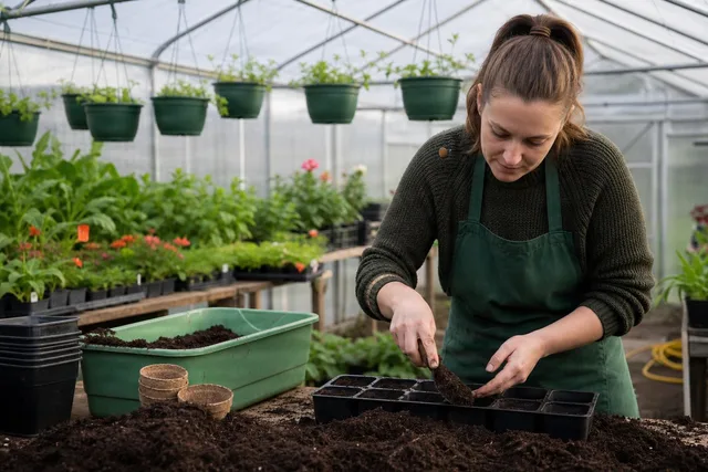 Filling Seed Trays in Greenhouse