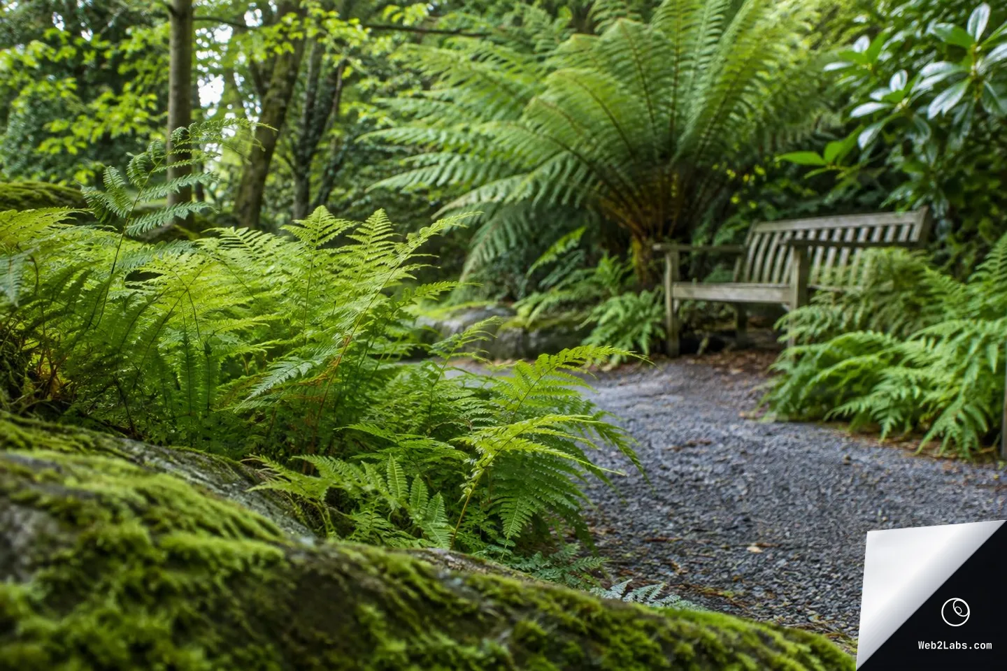 Low-angle view of a gravel path through dense green ferns and mossy rocks, leading to a wooden bench beside a large tree fern in a shaded garden.