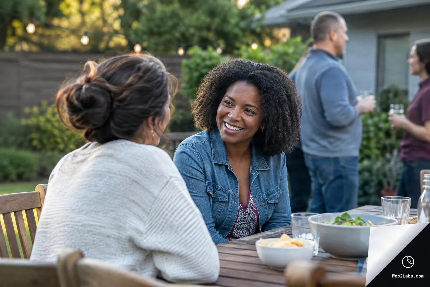 Two women sit at a wooden outdoor table talking and smiling during a backyard gathering, with bowls of food and glasses on the table and other neighbors chatting in the background under string lights.
