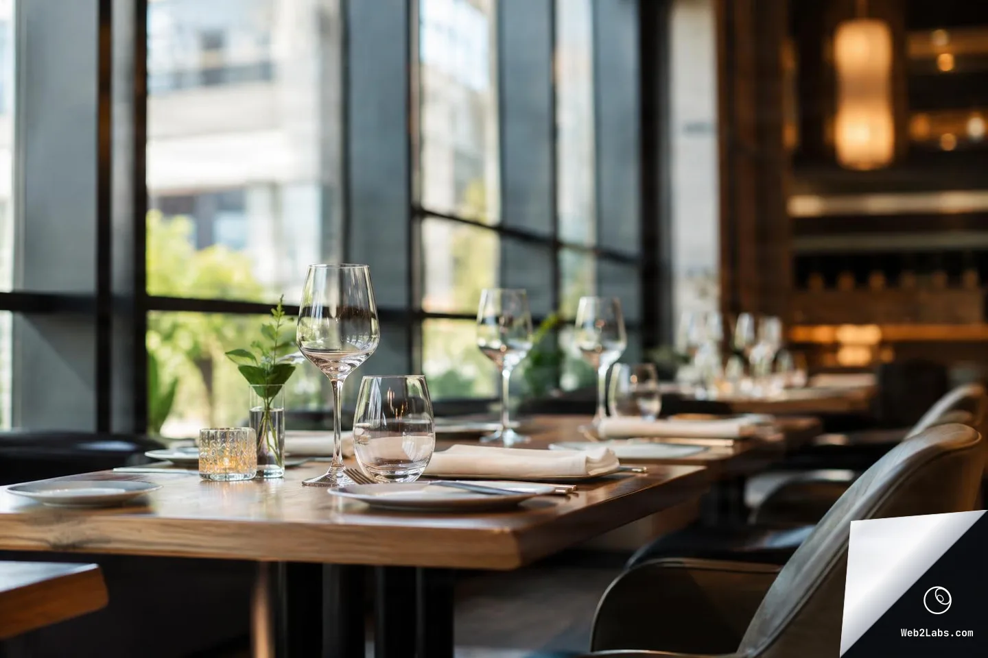Modern restaurant table set with wine glasses, plates, cutlery, napkins, and a small plant on a wooden table beside large grid windows with soft daylight.
