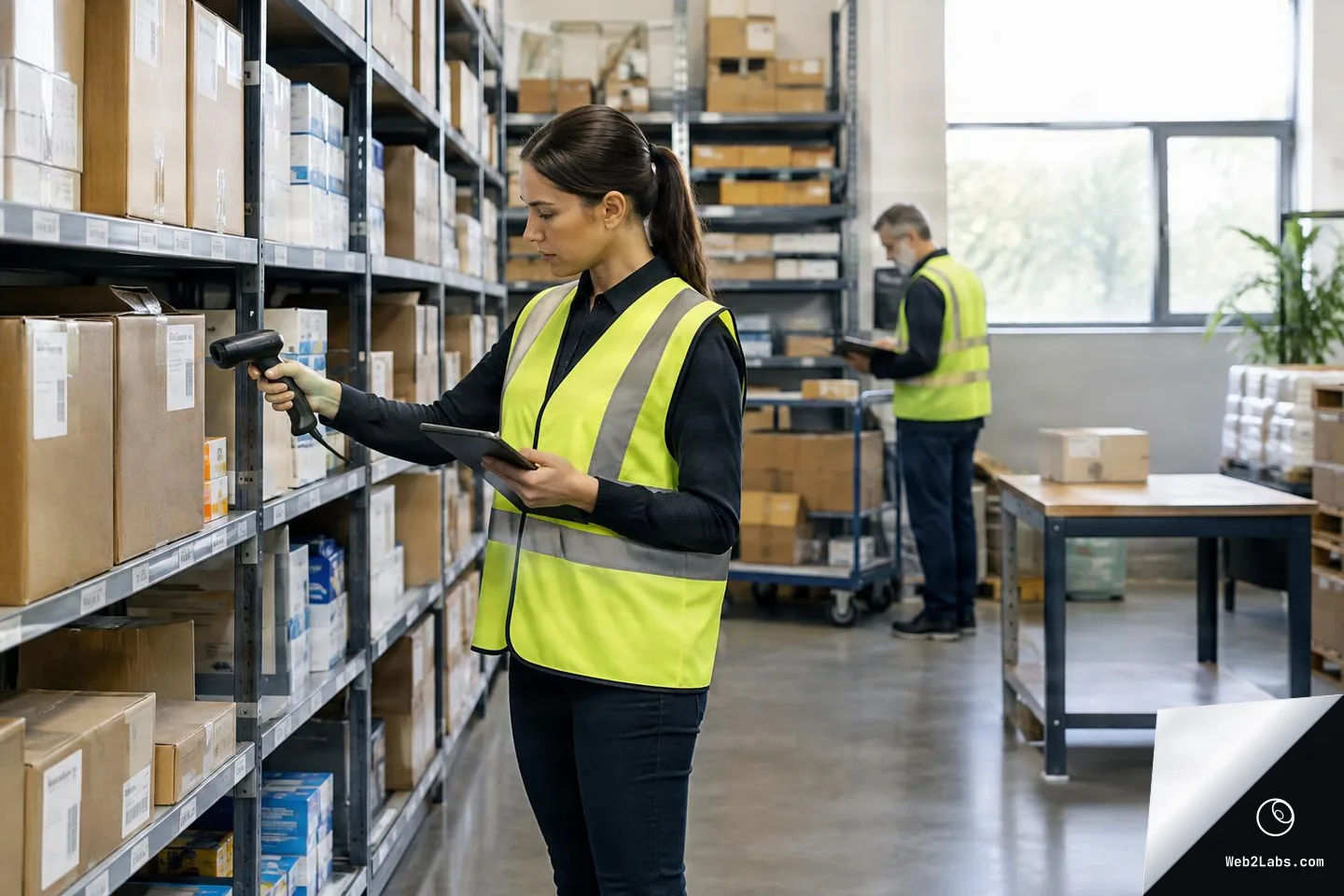 Worker in a high-visibility vest scans a box label with a handheld barcode scanner while holding a tablet in a warehouse aisle; another worker checks inventory in the background near shelves and a worktable.