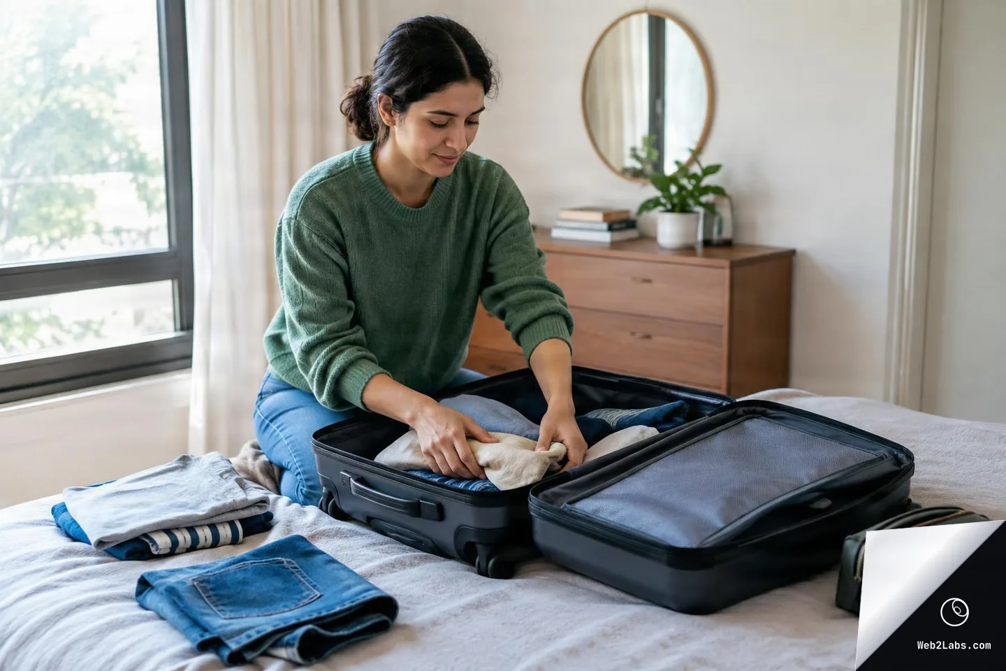 Woman in a green sweater packing folded clothes into an open suitcase on a bed, with additional folded clothes and a toiletry bag nearby in a bright bedroom.