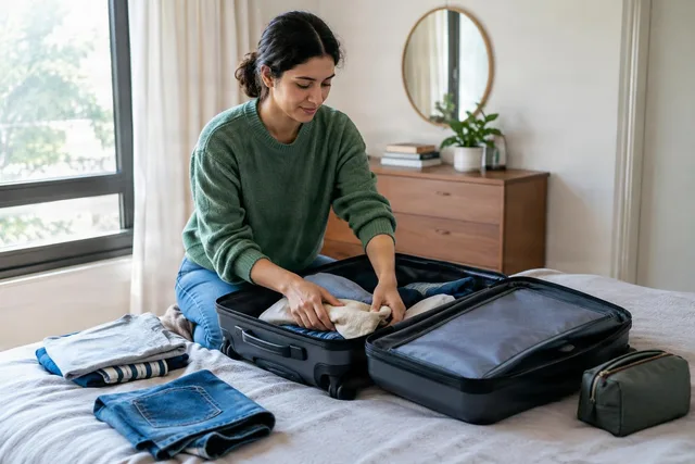 Woman Packing Suitcase on Bed