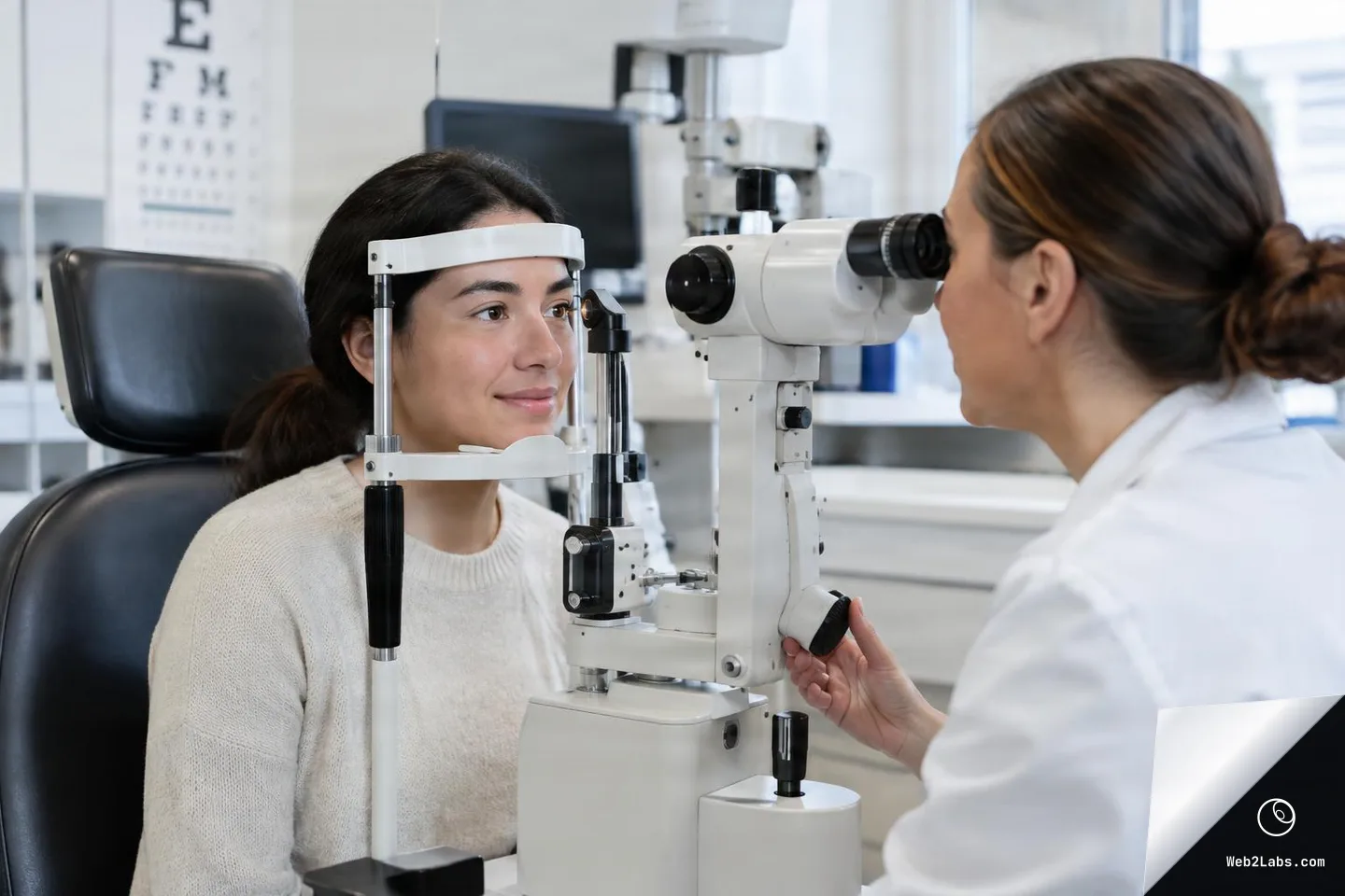 Optometrist in a white coat examines a smiling female patient using a slit-lamp microscope in an eye clinic, with an eye chart visible in the background.