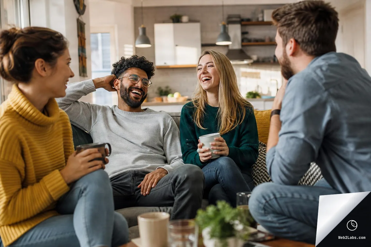 Four friends sit on a sofa in a bright living room, chatting and laughing while holding mugs, with a kitchen visible in the background.