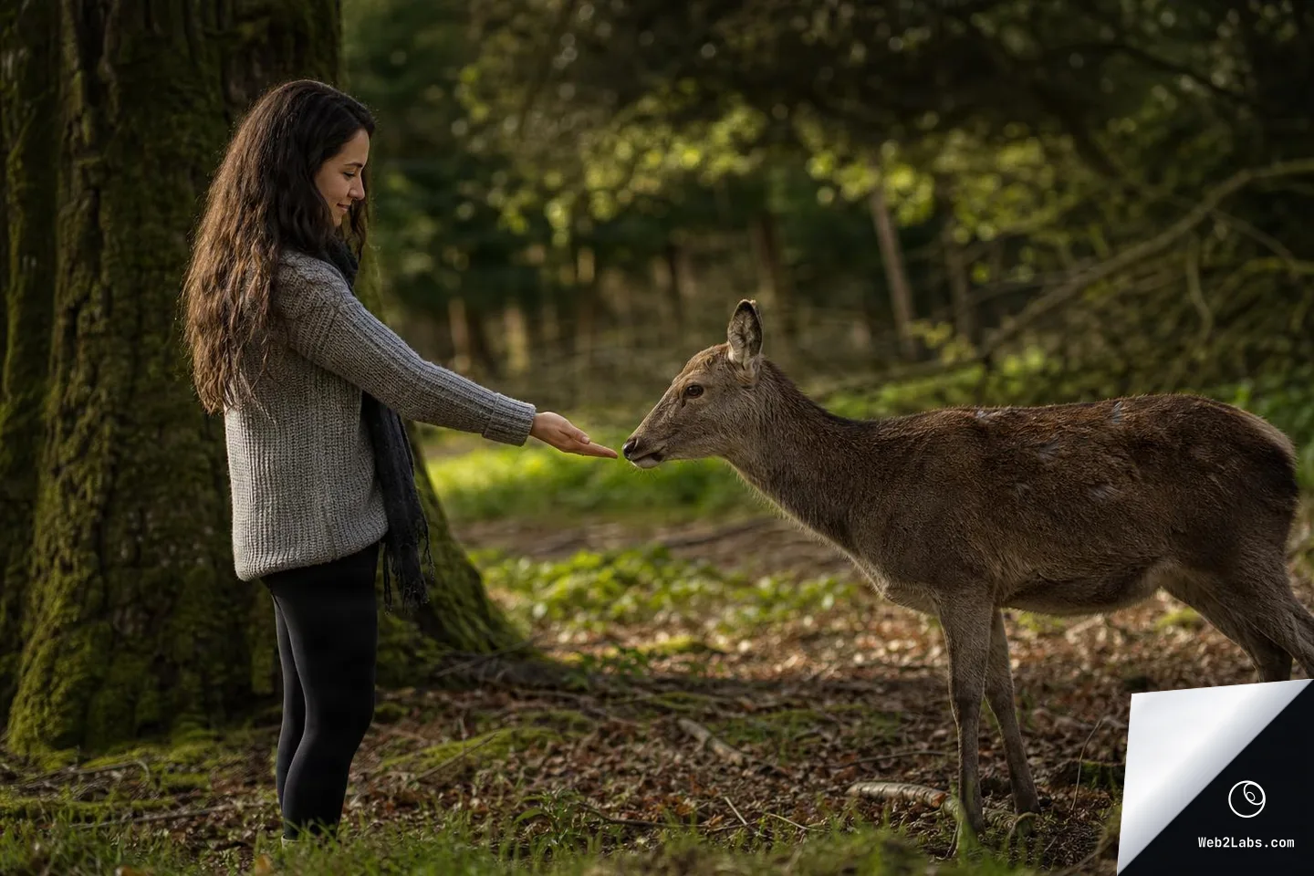 A woman in a gray sweater stands in a forest clearing and holds out her hand as a deer leans forward to sniff or eat from her palm.