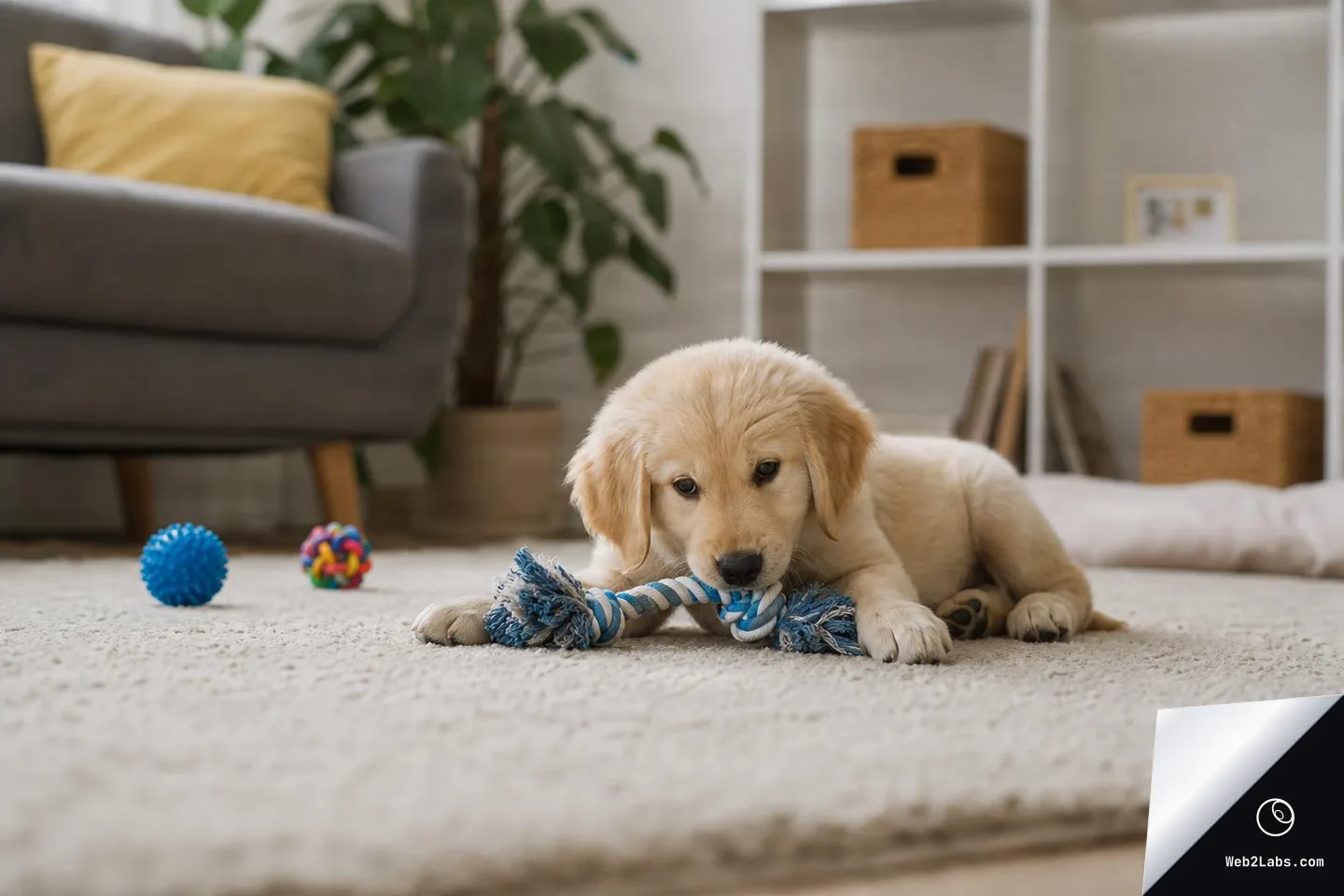 A light-colored puppy lies on a carpet chewing a blue rope toy in a living room, with dog toys, a sofa, a plant, and shelving in the background.