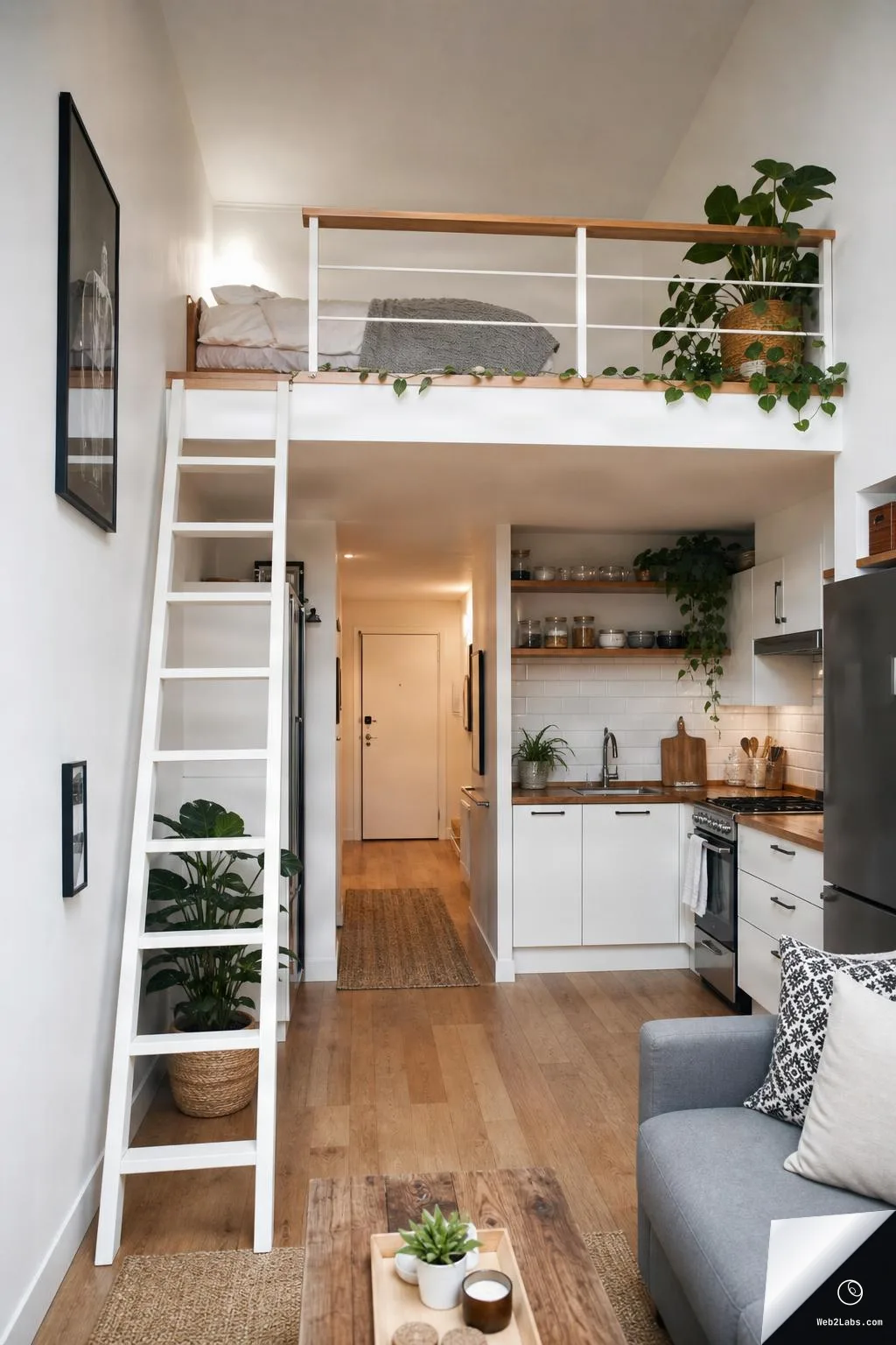 Vertical photo of a small studio apartment with a white ladder leading to a loft bed above a compact white kitchen; plants on the loft railing and shelves, wood floors, a gray sofa edge, and a small coffee table in the foreground.