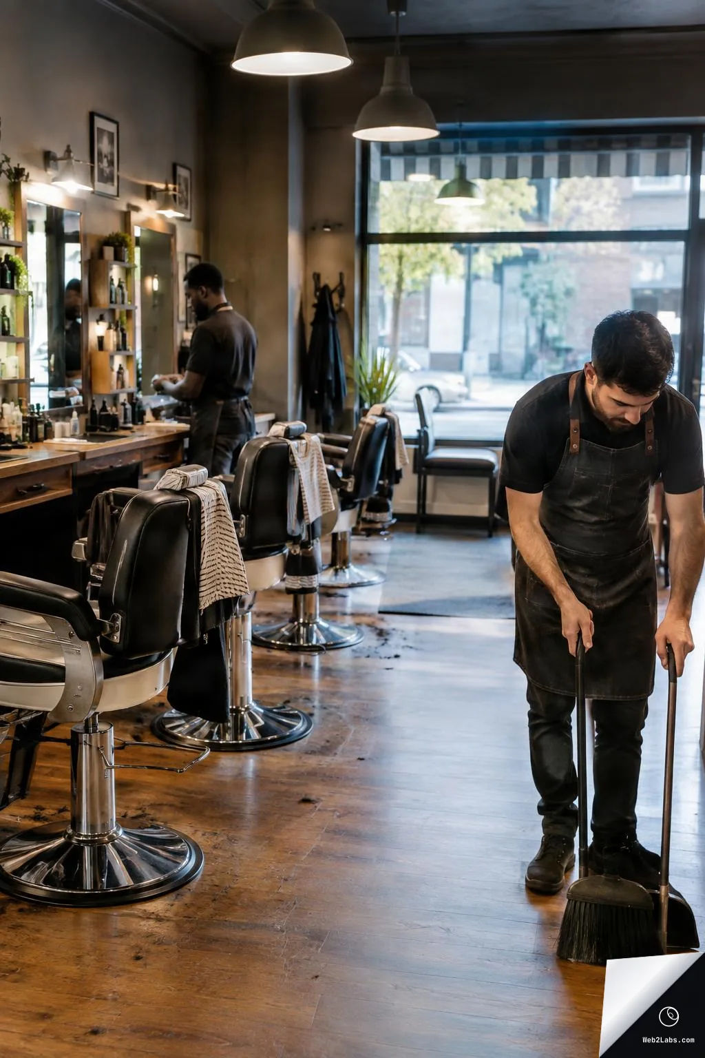 A barbershop interior with several barber chairs and mirrors; in the foreground a man in an apron sweeps the wooden floor with a broom and dustpan while another worker tidies near the counter by the mirrors.
