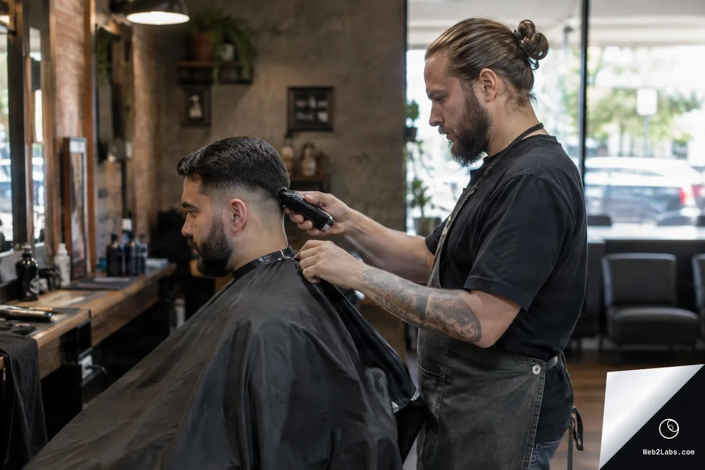 Side view of a barber with a man bun using electric clippers to trim a seated client's hair in a barbershop, with mirrors and tools along the counter and a bright window in the background.