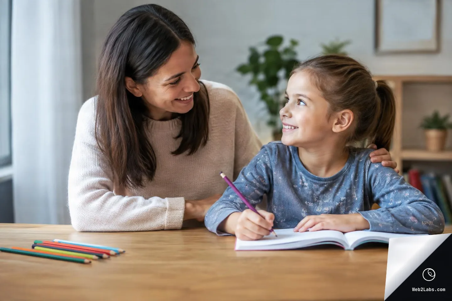 A mother smiles at her young daughter while the child writes in a notebook at a wooden table, with colored pencils in the foreground and a soft, home interior in the background.