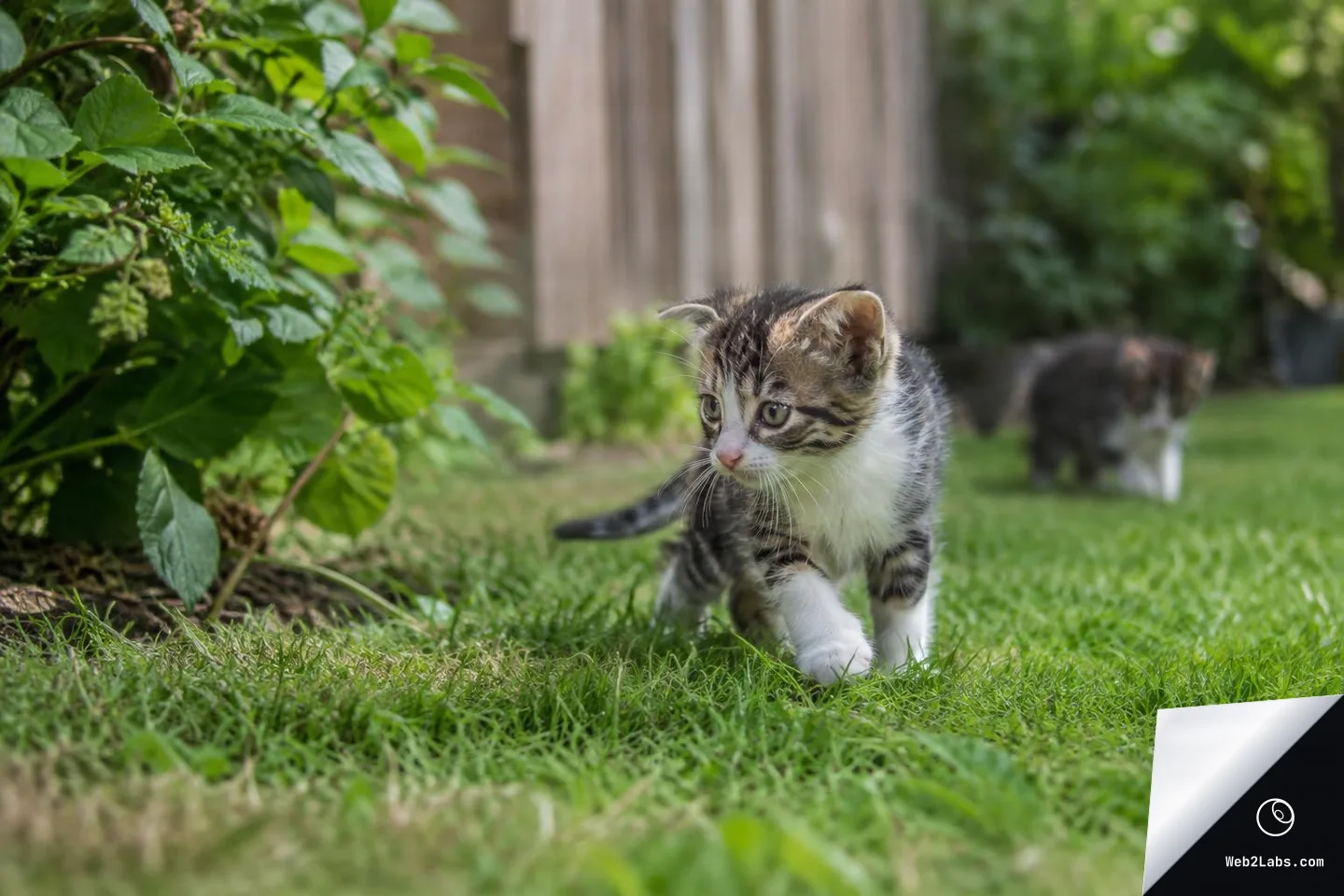 A tabby and white kitten walks through green grass in a backyard garden, with two other kittens blurred in the background near a fence.