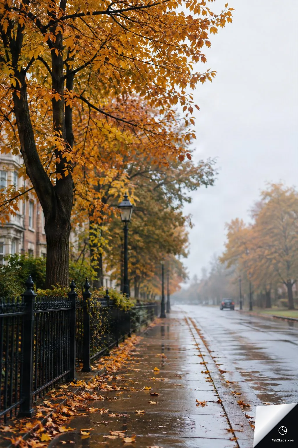 A wet sidewalk and road lined with orange autumn trees and a black iron fence, with street lamps and distant cars in light fog; large blank sky area on the right for text.