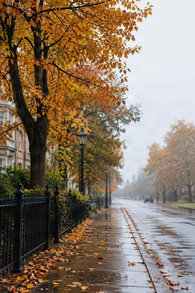 Rainy Autumn Street with Copy Space