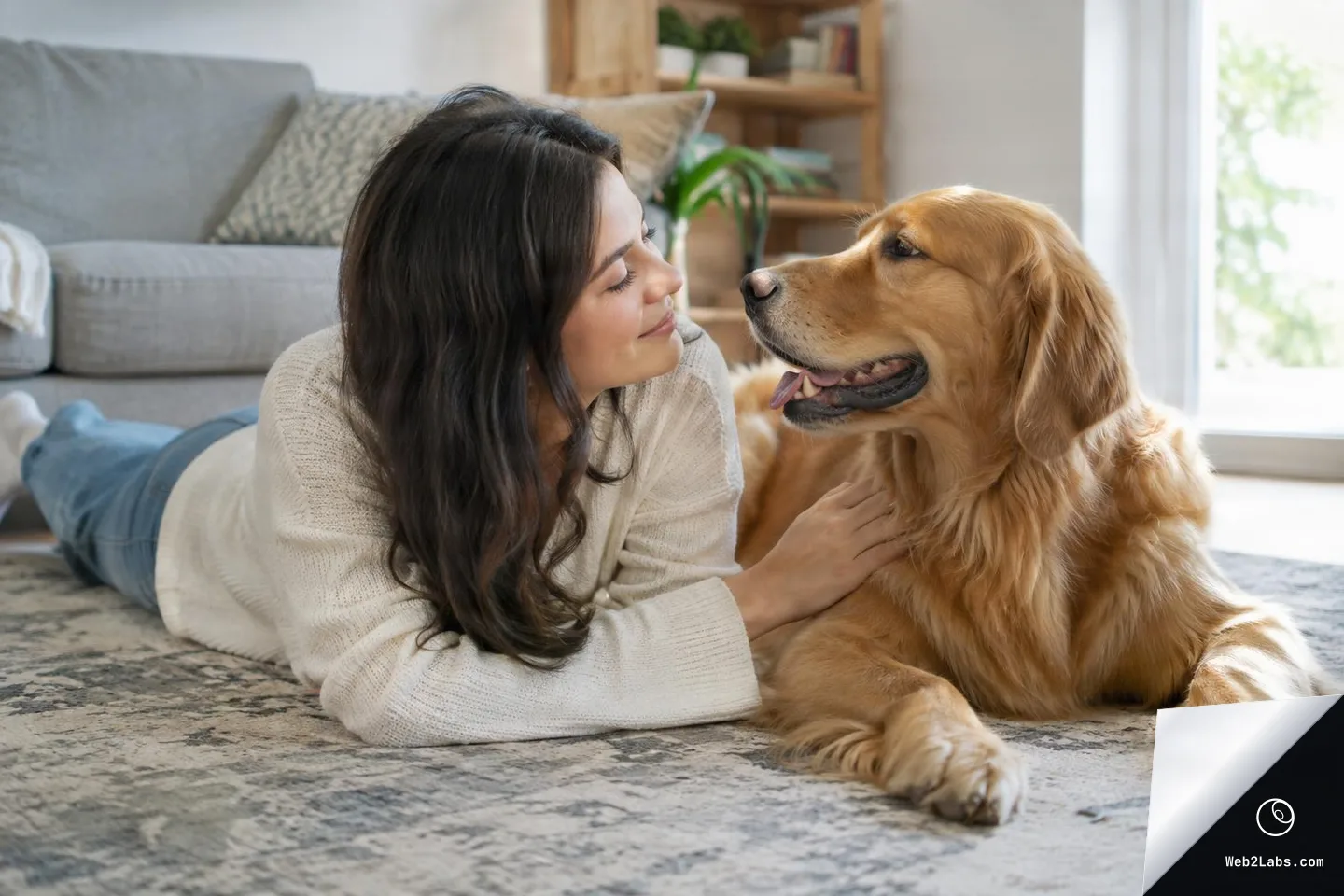 A woman lies on a rug in a bright living room, smiling and petting a golden retriever lying beside her near a large window.