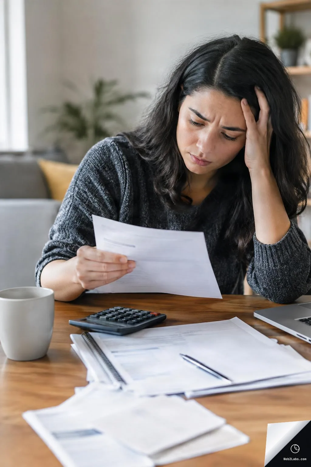 Worried woman at a table holding a bill, with scattered paperwork, a calculator, a laptop, and a coffee mug in a home setting.