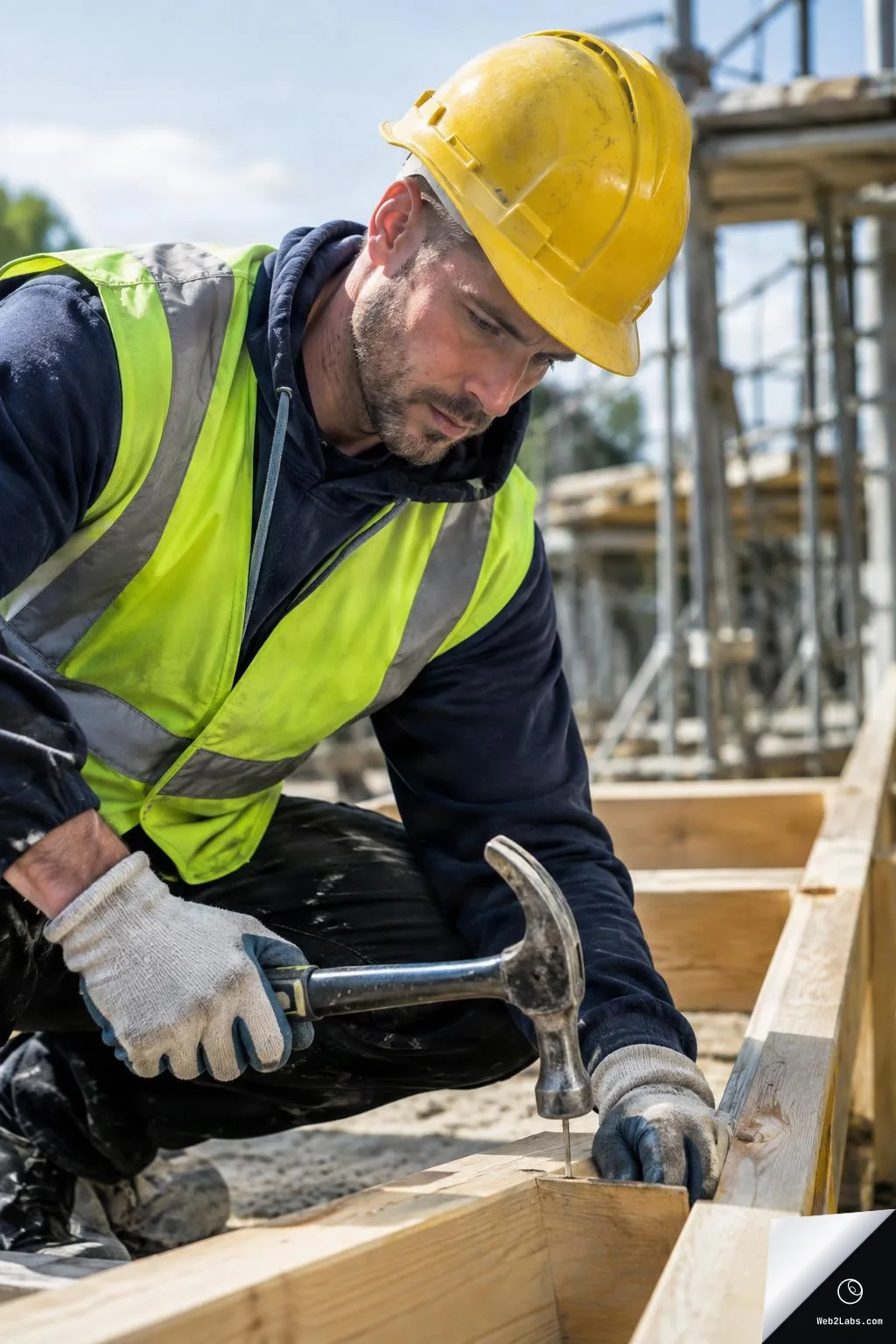 A construction worker wearing a yellow hard hat and reflective safety vest kneels and hammers a nail into wooden boards at a building site, with scaffolding blurred in the background.