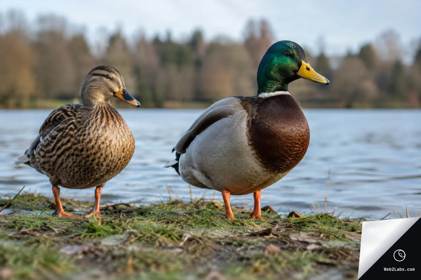 Male and female mallard ducks standing on a grassy muddy shoreline beside a lake, shot from a low angle with blurred trees in the background.