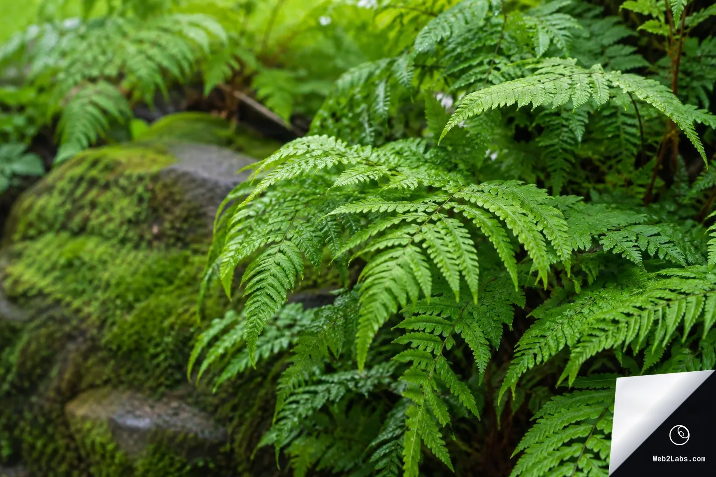 Close-up of bright green fern fronds growing beside a moss-covered stone, with a softly blurred fern-filled background.