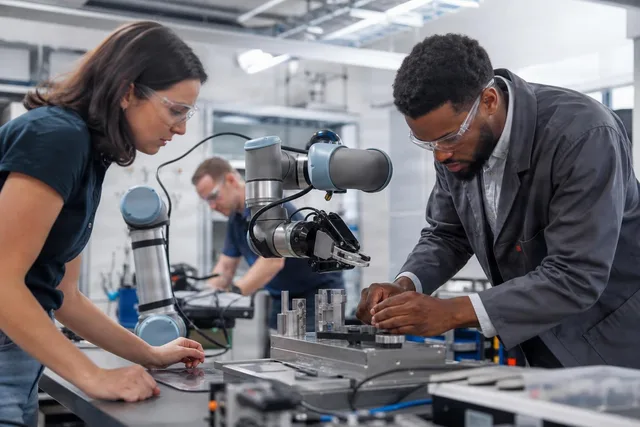 Engineers Working With Collaborative Robot