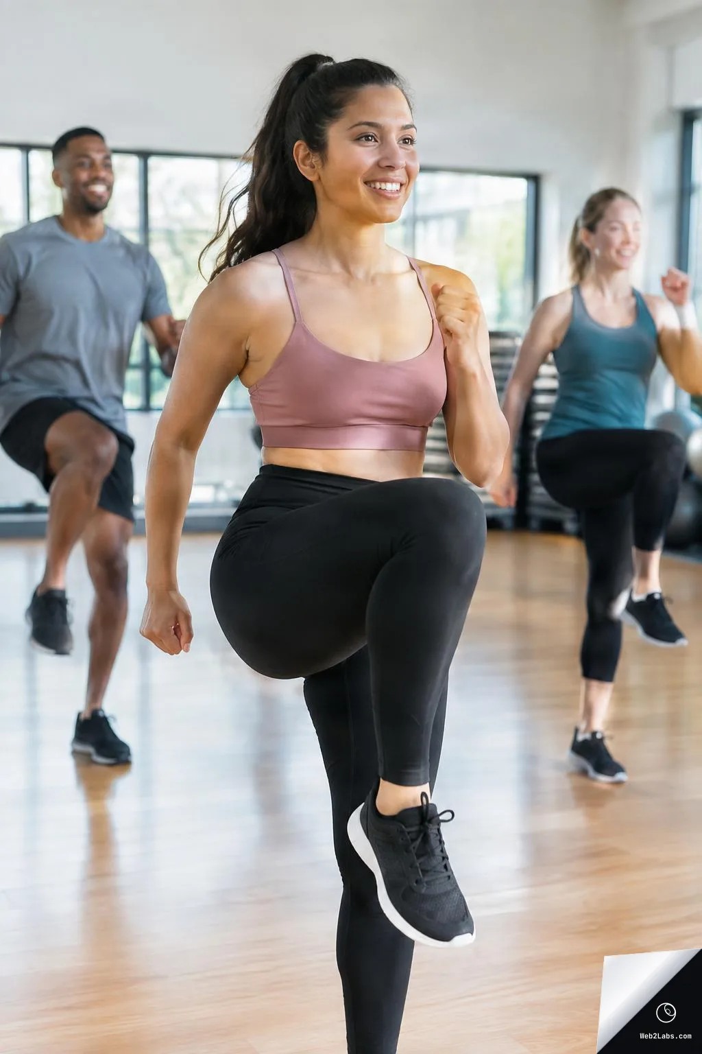 Smiling woman in a gym studio doing a high-knee exercise in the foreground while two other adults follow along behind her on a wood floor with large windows.