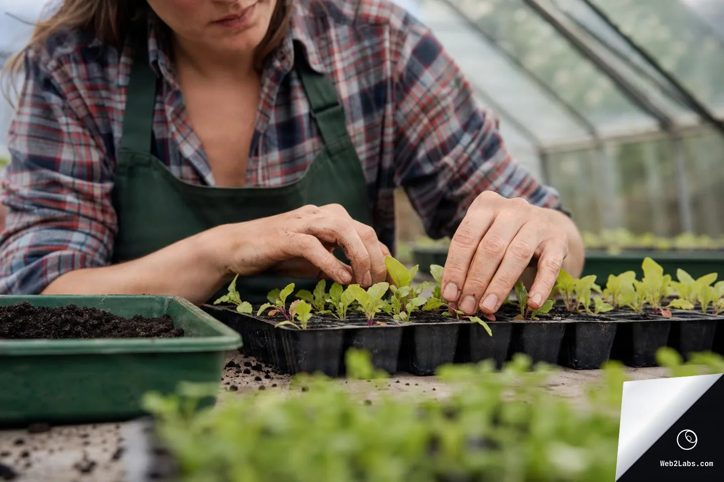 Close-up of a person in a green apron and plaid shirt arranging small seedlings in a black plug tray on a greenhouse workbench, with soil and a green tray nearby.