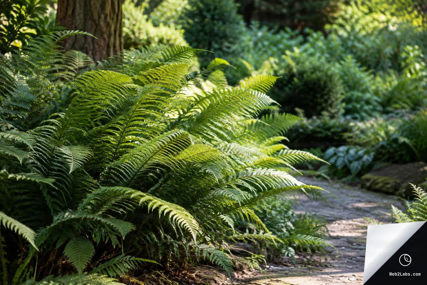 Side-lit green fern fronds in the foreground beside a shaded garden path, with soft-focus foliage and trees in the background