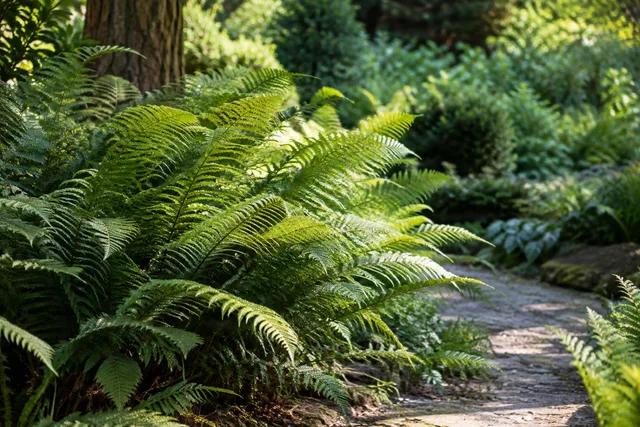 Sunlit Ferns Along Garden Path