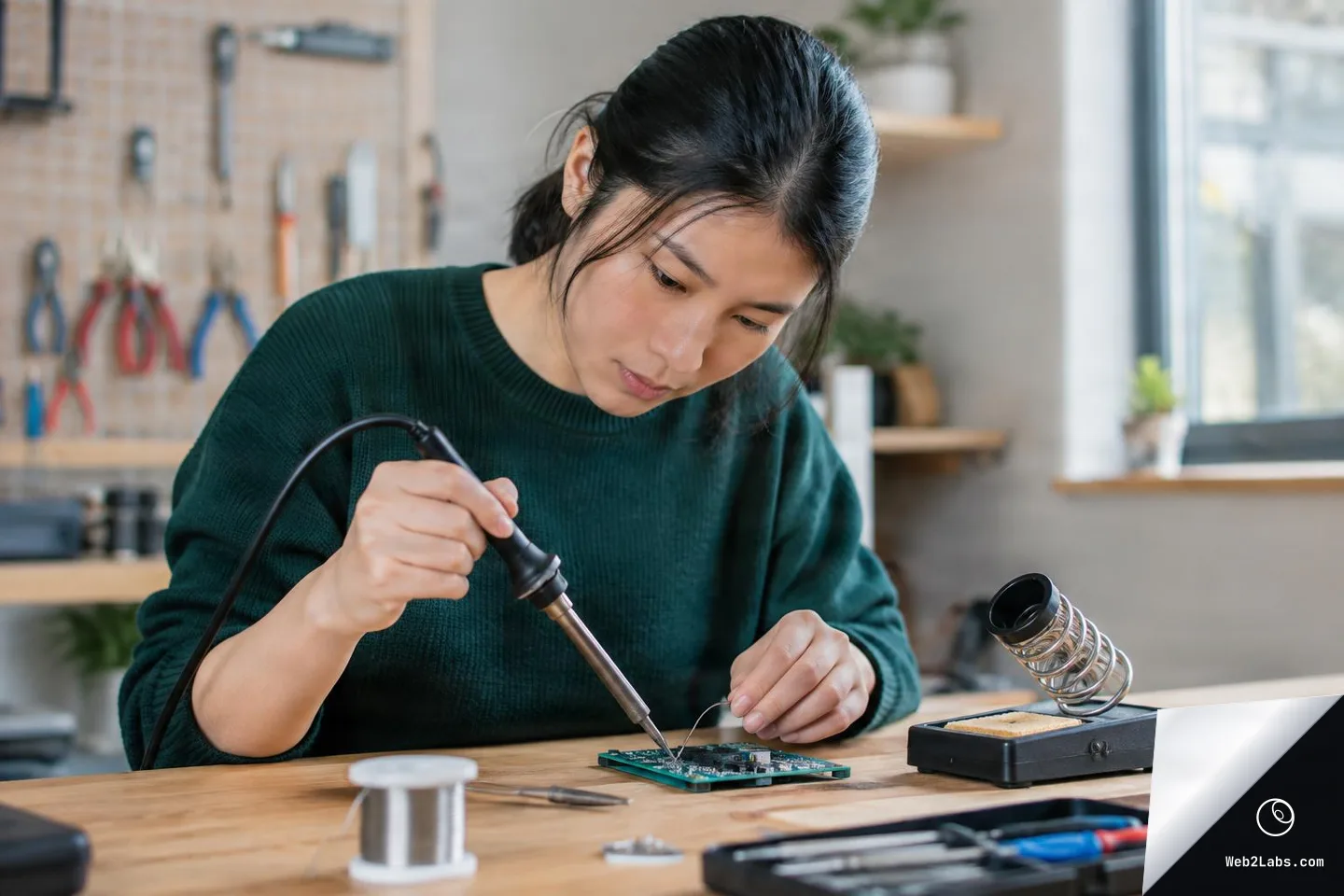 Adult woman in a green sweater soldering components on a circuit board at a workbench, with a soldering iron stand and solder wire spool nearby in a bright workshop.