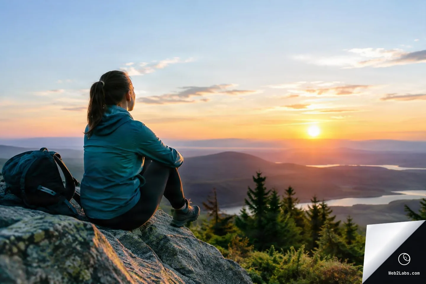 Person in a teal jacket sitting on a rock next to a backpack, looking toward a sunrise over distant mountains, forests, and lakes.