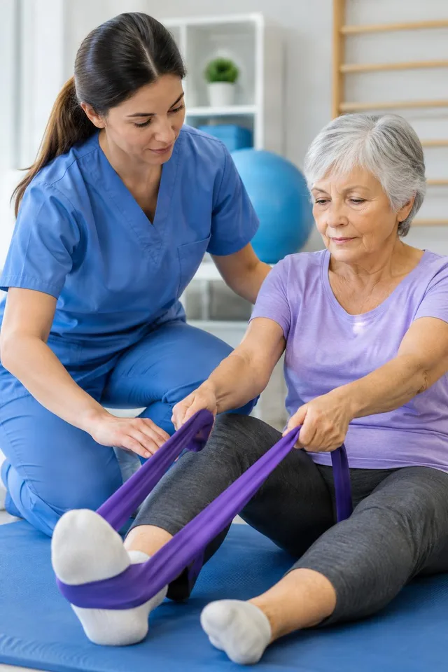 Physiotherapist Assisting Senior Stretch