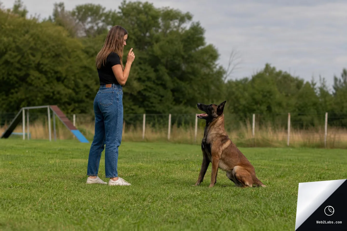 Woman standing on a grassy field gives a hand signal to a sitting Belgian Malinois during an outdoor dog training session, with trees and agility equipment in the background.