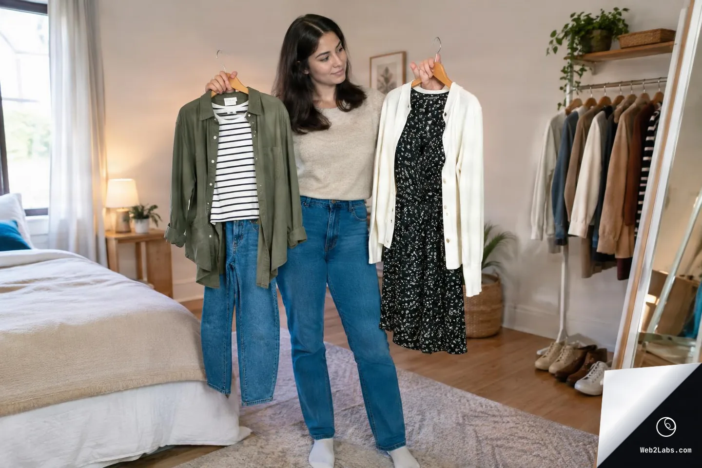 Woman standing in a bedroom holding two outfits on hangers, looking between them while a clothing rack and full-length mirror sit in the background.