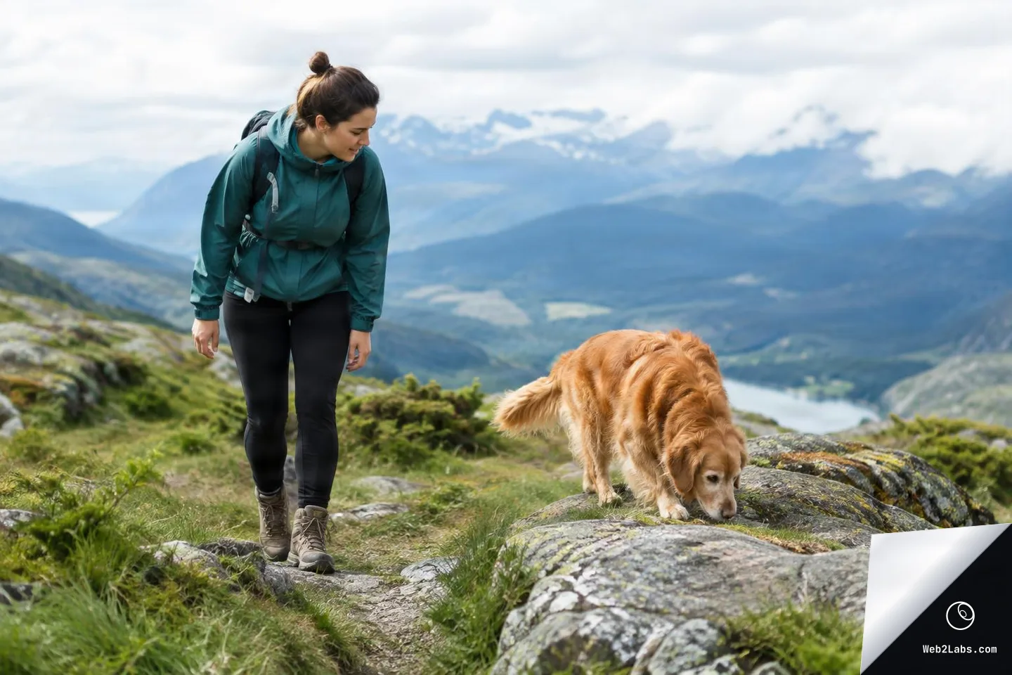 Woman in a teal jacket hiking on a rocky hillside while a golden retriever sniffs the ground, with mountains and a lake blurred in the background.
