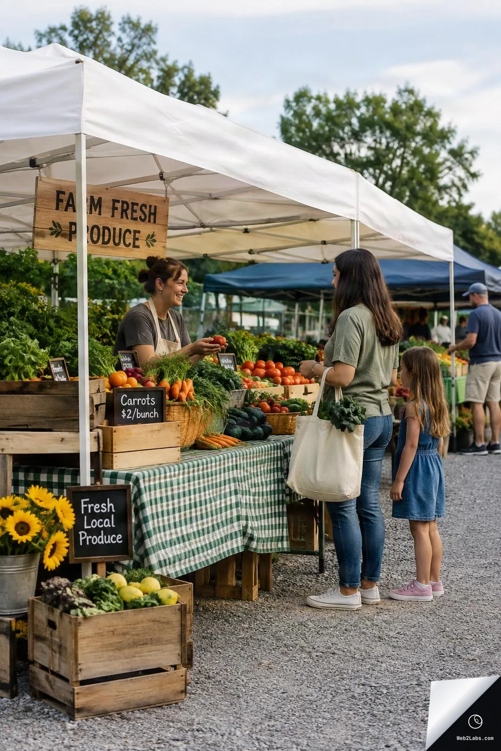 Outdoor farmers market stall with a smiling vendor offering tomatoes to a woman and a young girl, with crates of carrots, tomatoes, greens, and a sign reading "Farm Fresh Produce" under white canopy tents.