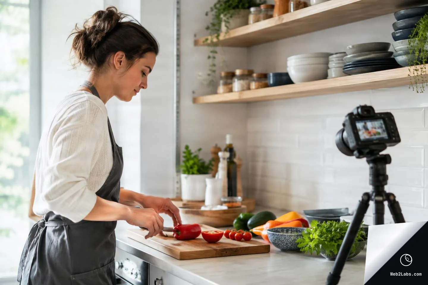 Woman in an apron slicing a red bell pepper on a cutting board in a bright kitchen while a camera on a tripod films the food on the counter.