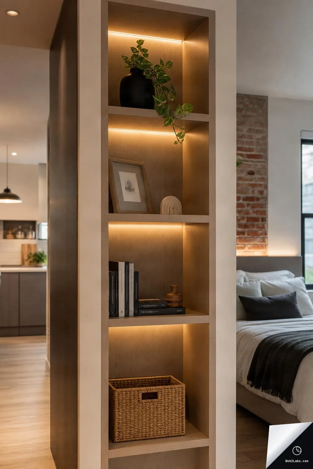 Tall close view of a built-in wooden shelving room divider with warm LED strip lighting, holding a black vase with trailing plant, a framed print, books, and a woven basket, with a small apartment kitchen and bed blurred in the background.