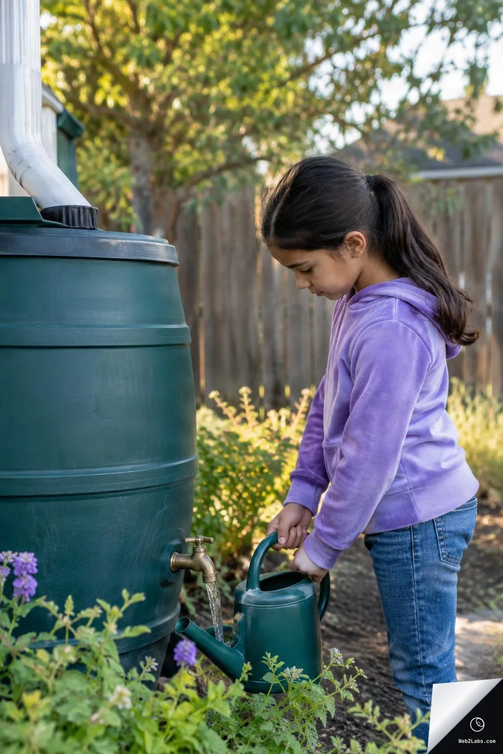 A young girl in a purple hoodie fills a green watering can from the spigot of a large rain barrel in a backyard garden.