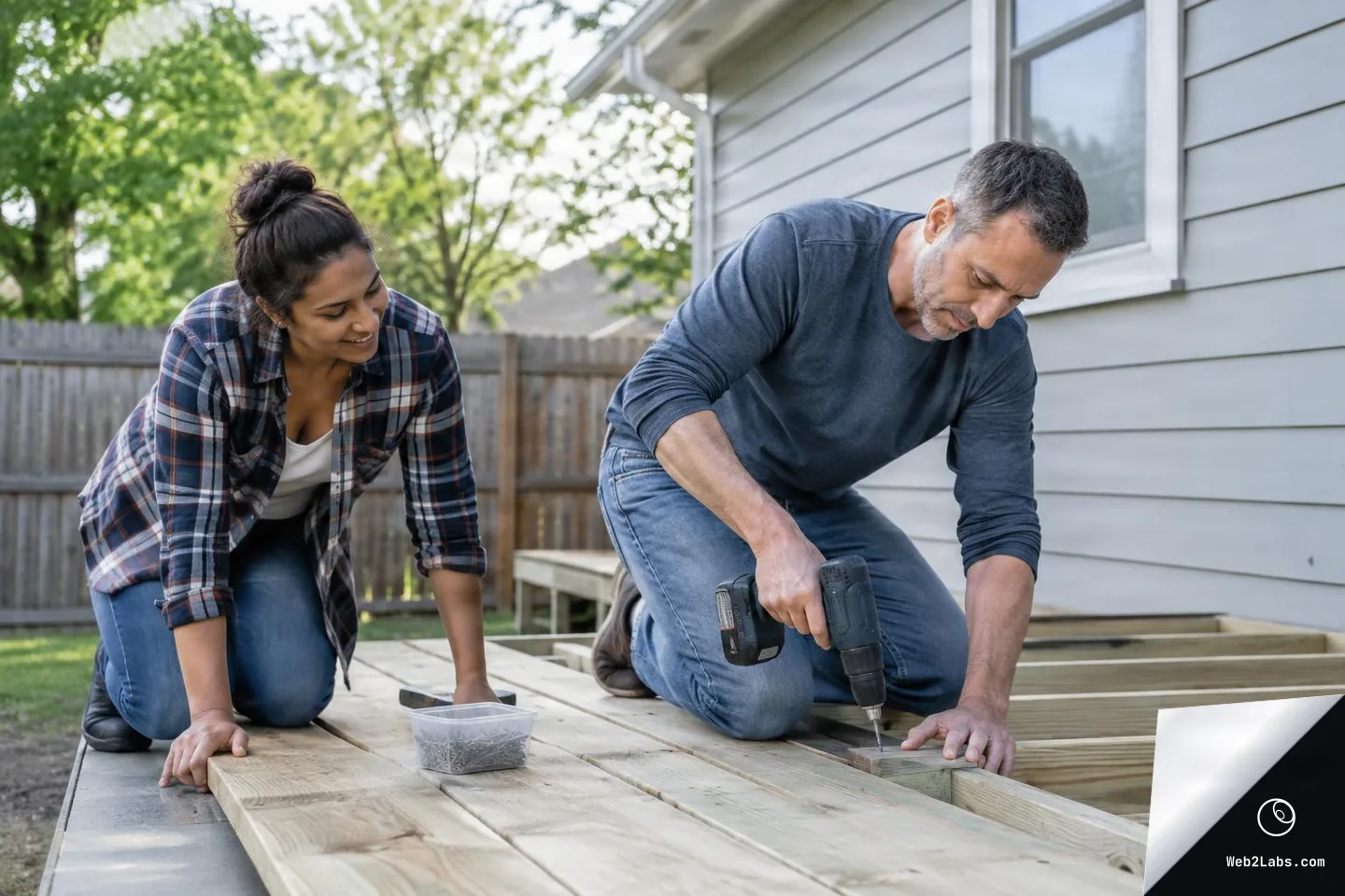 Two adults kneel on a partially built wooden deck next to a house; one drills a board while the other watches and helps, with a container of screws on the decking and a fenced backyard in the background.