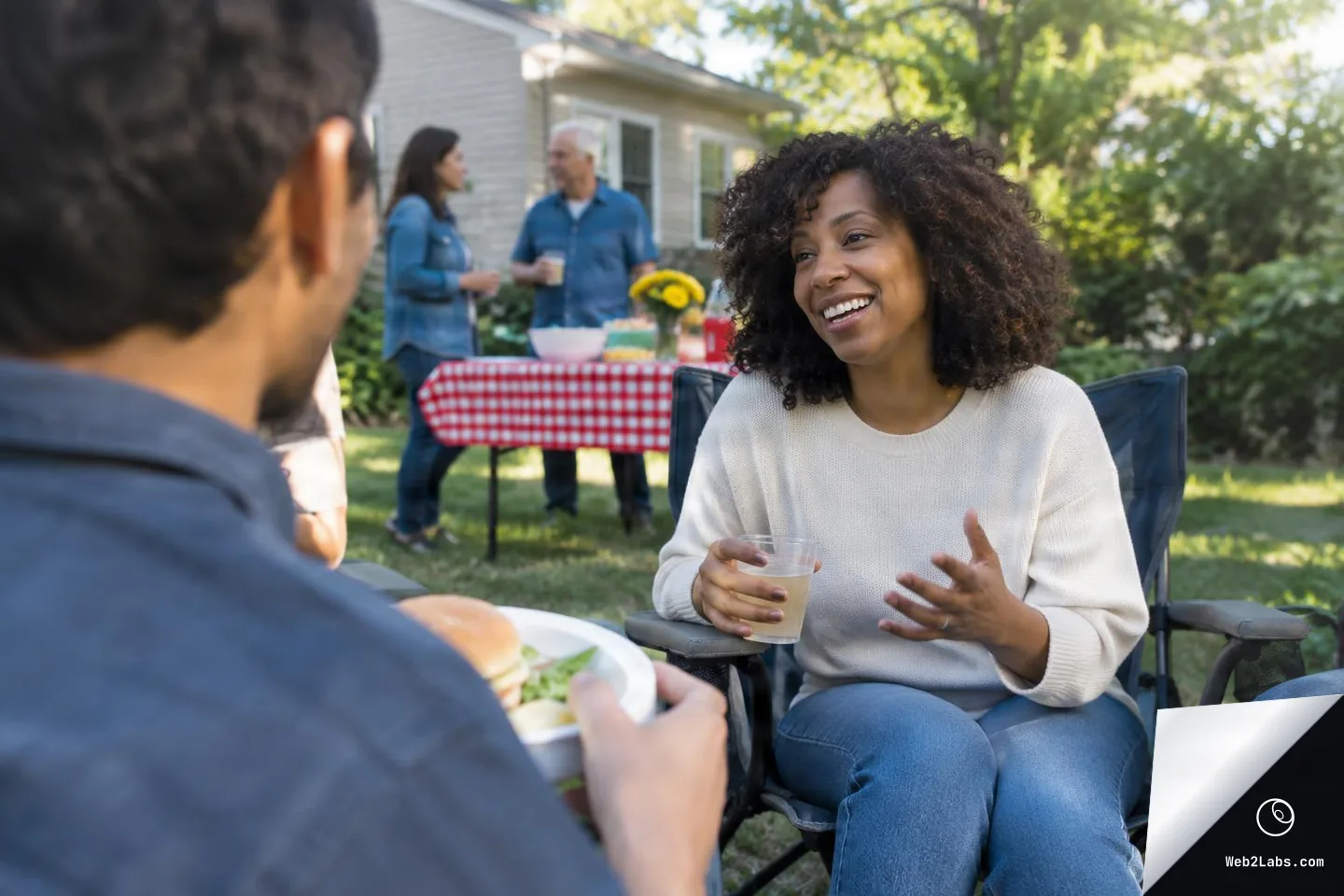 Over-the-shoulder view of a person holding a plate while talking to a smiling woman in a lawn chair holding a drink, with neighbors and a checkered picnic table in the background.