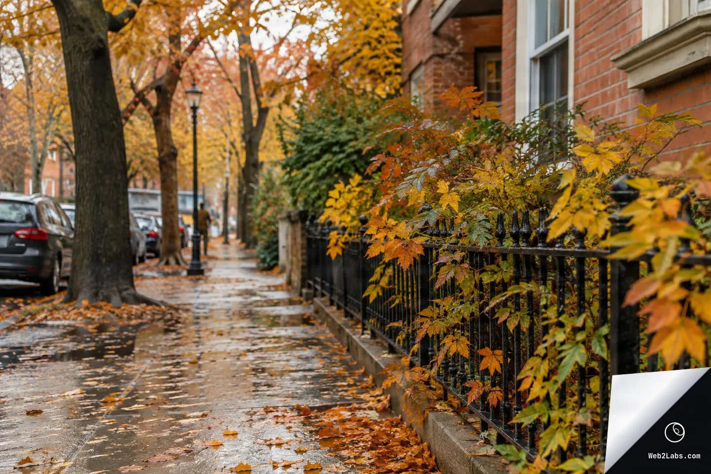 Wet city sidewalk in autumn with fallen leaves, parked cars, tall trees, and orange foliage climbing an iron fence beside a brick building.