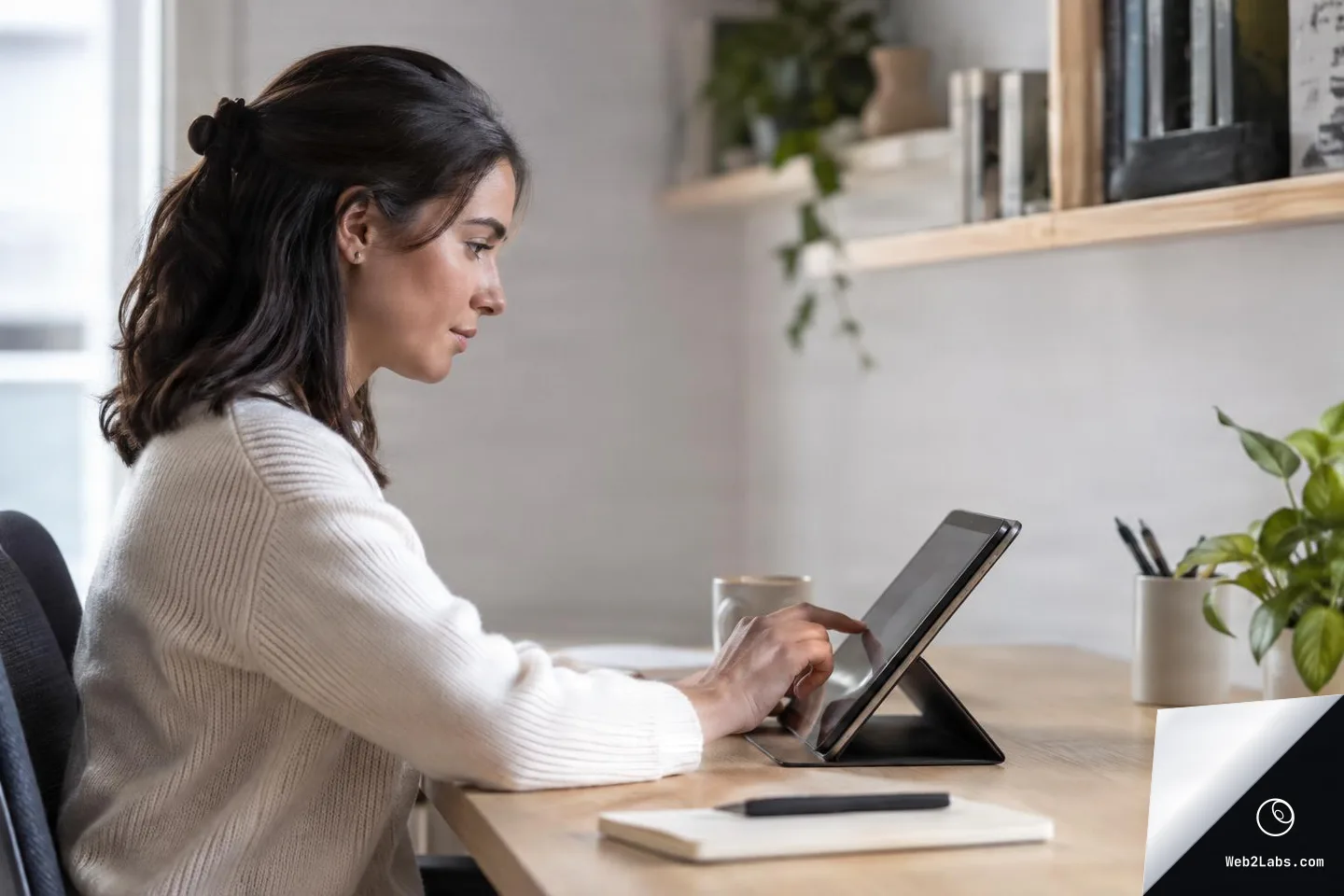 Side profile of a woman seated at a wooden desk, tapping on a tablet propped on a stand, with a notebook, pen, mug, and plants in a bright home office.