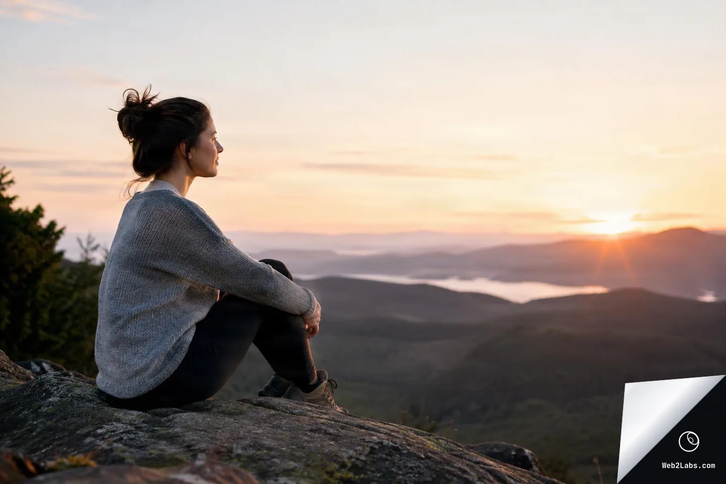 Side profile of a woman in a gray sweater sitting on a rock and looking at a mountain sunset with a lake in the distance.