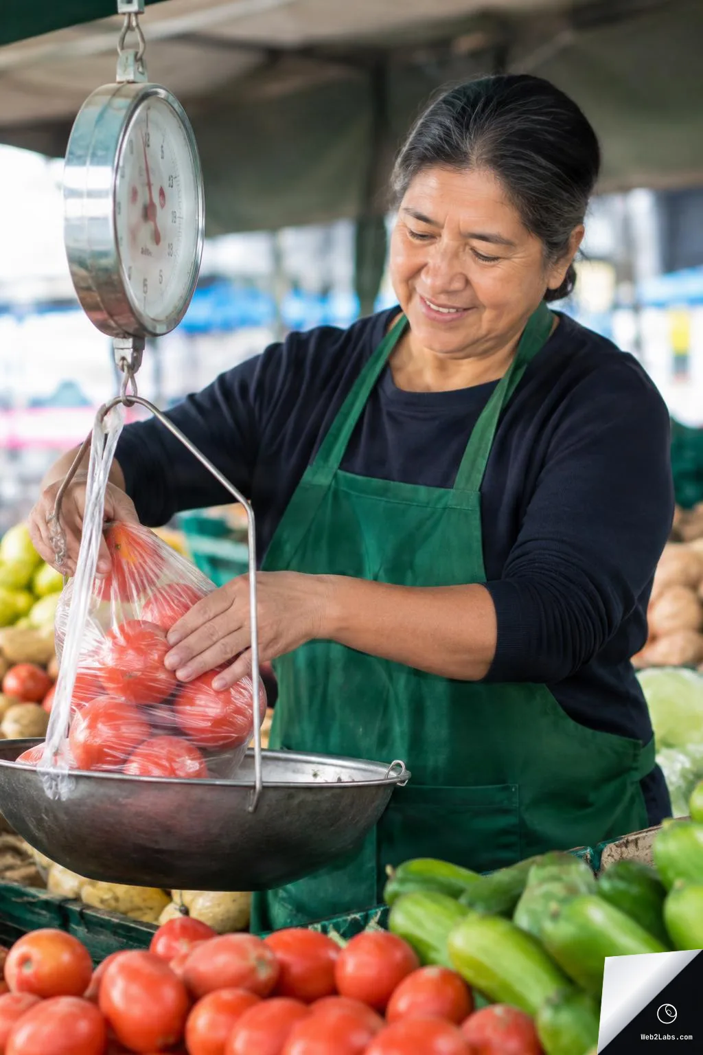 Smiling market vendor in a green apron weighs a bag of tomatoes on a hanging scale at an outdoor produce stall.