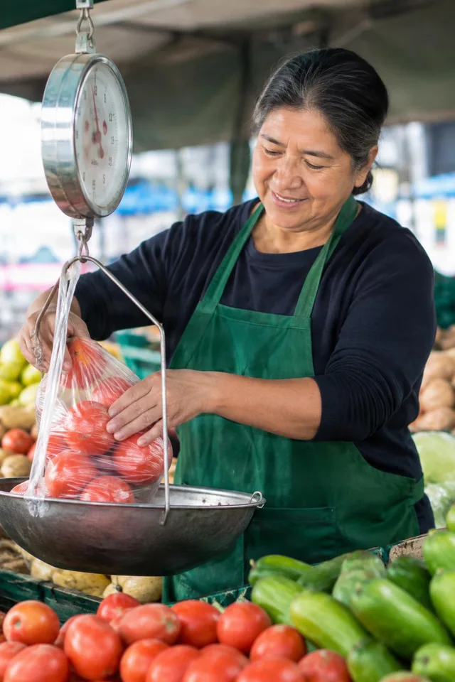 Market Vendor Weighing Tomatoes