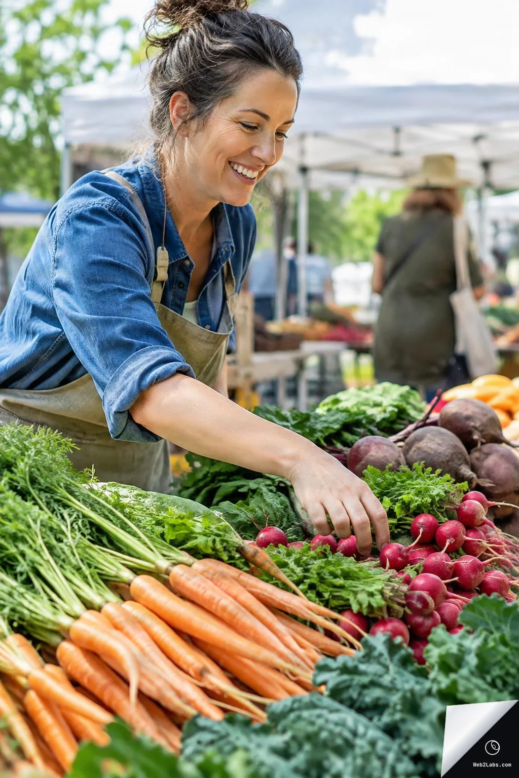 Smiling woman in an apron reaches for radishes at a farmers market produce stand with carrots, leafy greens, and beets in the foreground.