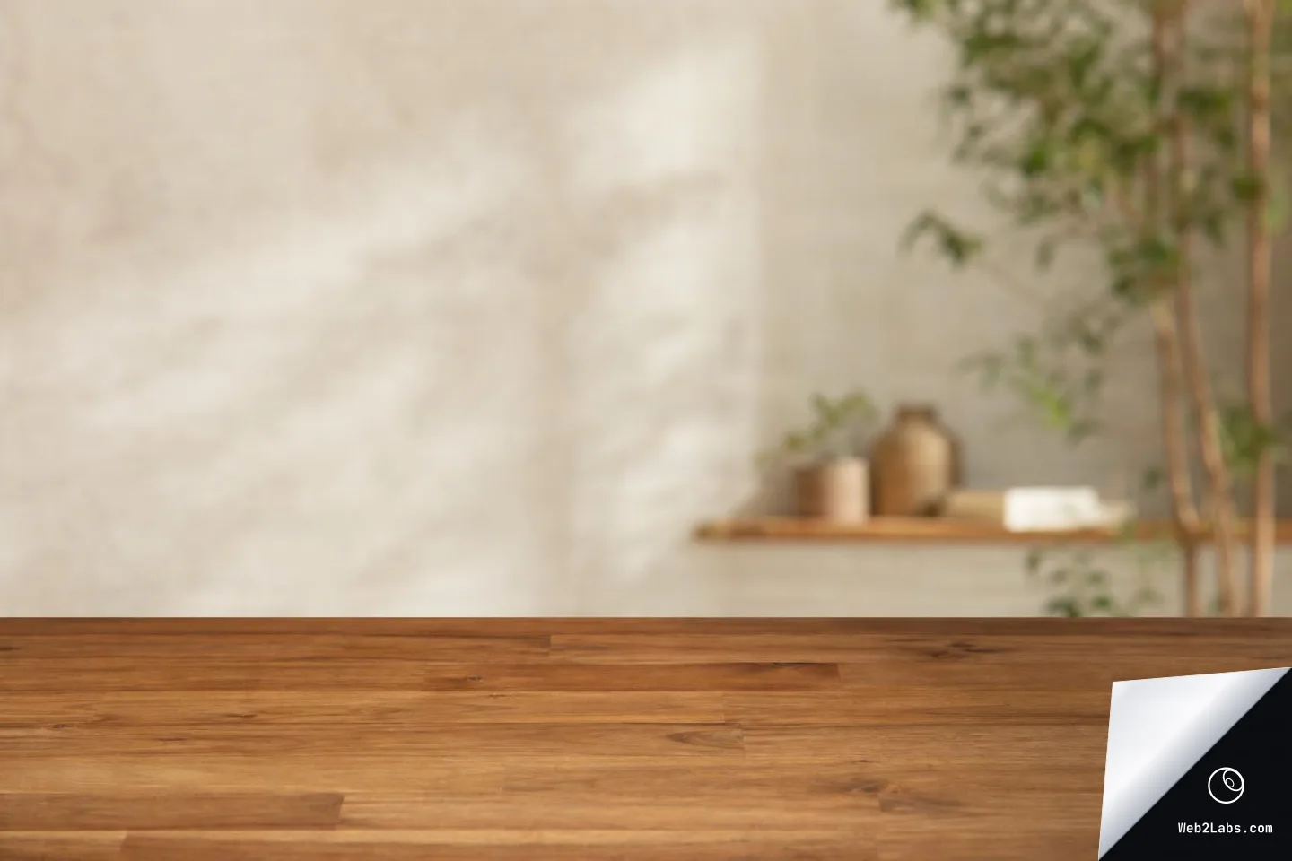 A warm wooden tabletop in the foreground with a blurred beige wall, a small shelf with pottery, and a leafy plant in the background.