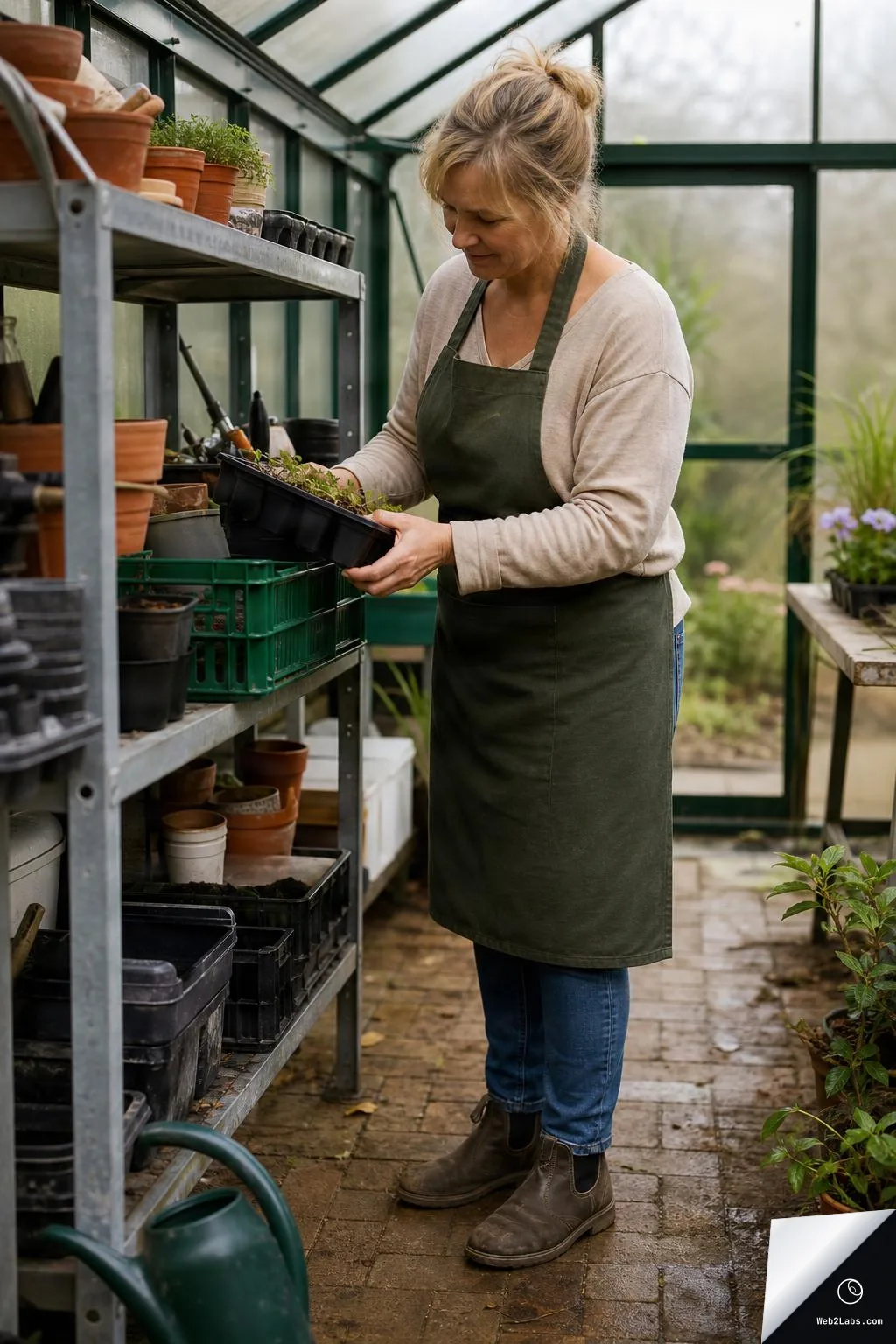 Woman wearing a green apron organizes a seedling tray on metal shelves in a glass greenhouse surrounded by pots, trays, and gardening supplies.