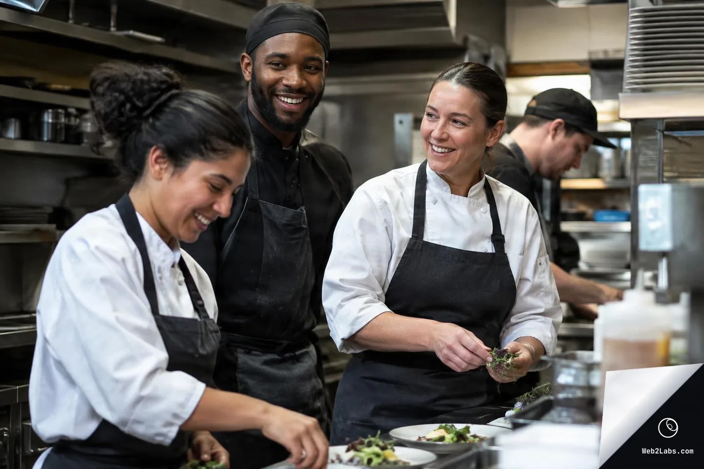Three restaurant kitchen staff in chef coats and aprons smile and talk while plating food at a stainless-steel prep counter, with another cook working in the background.